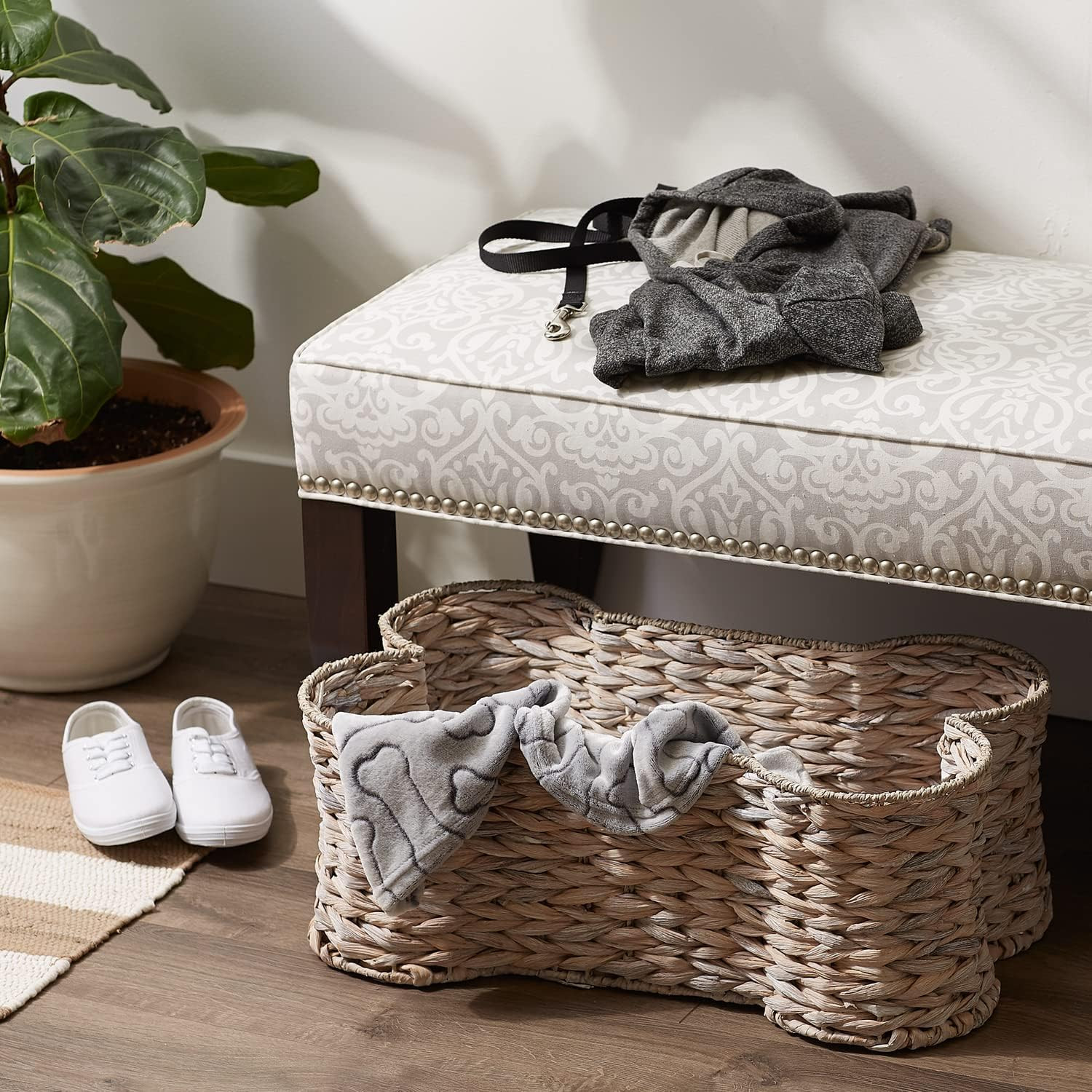 Pet Storage Collection, Bone Shape Hyacinth Toy Basket, White Wash, Small – 17.7