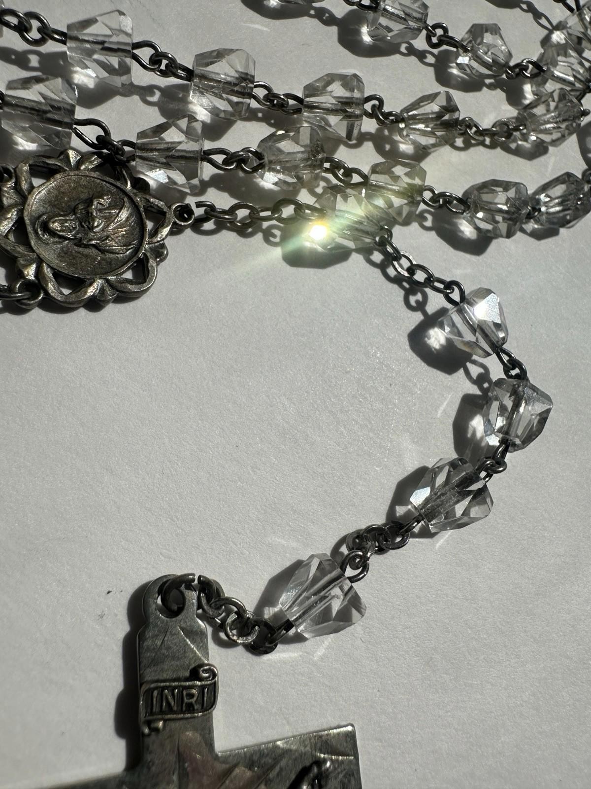 Vintage Sterling Silver Crucifix Clear Faceted Tear Drop Crystal Bead Rosary 19”