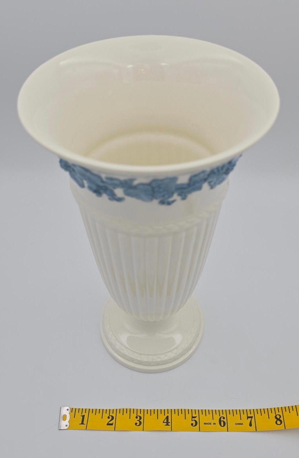 Vintage 11″ Wedgwood Queensware Blue White Embossed Vase 11″ England