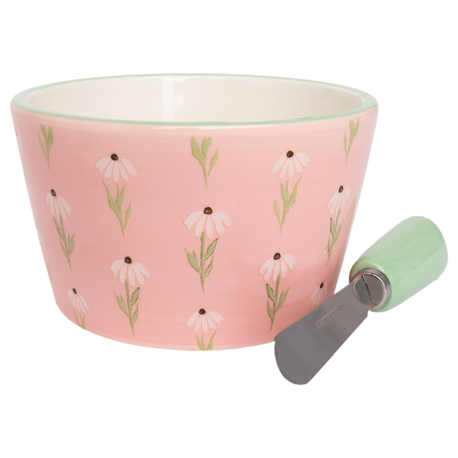 Boston International Ceramic Dip Bowl & Spreader Set 14oz Pink Daisy