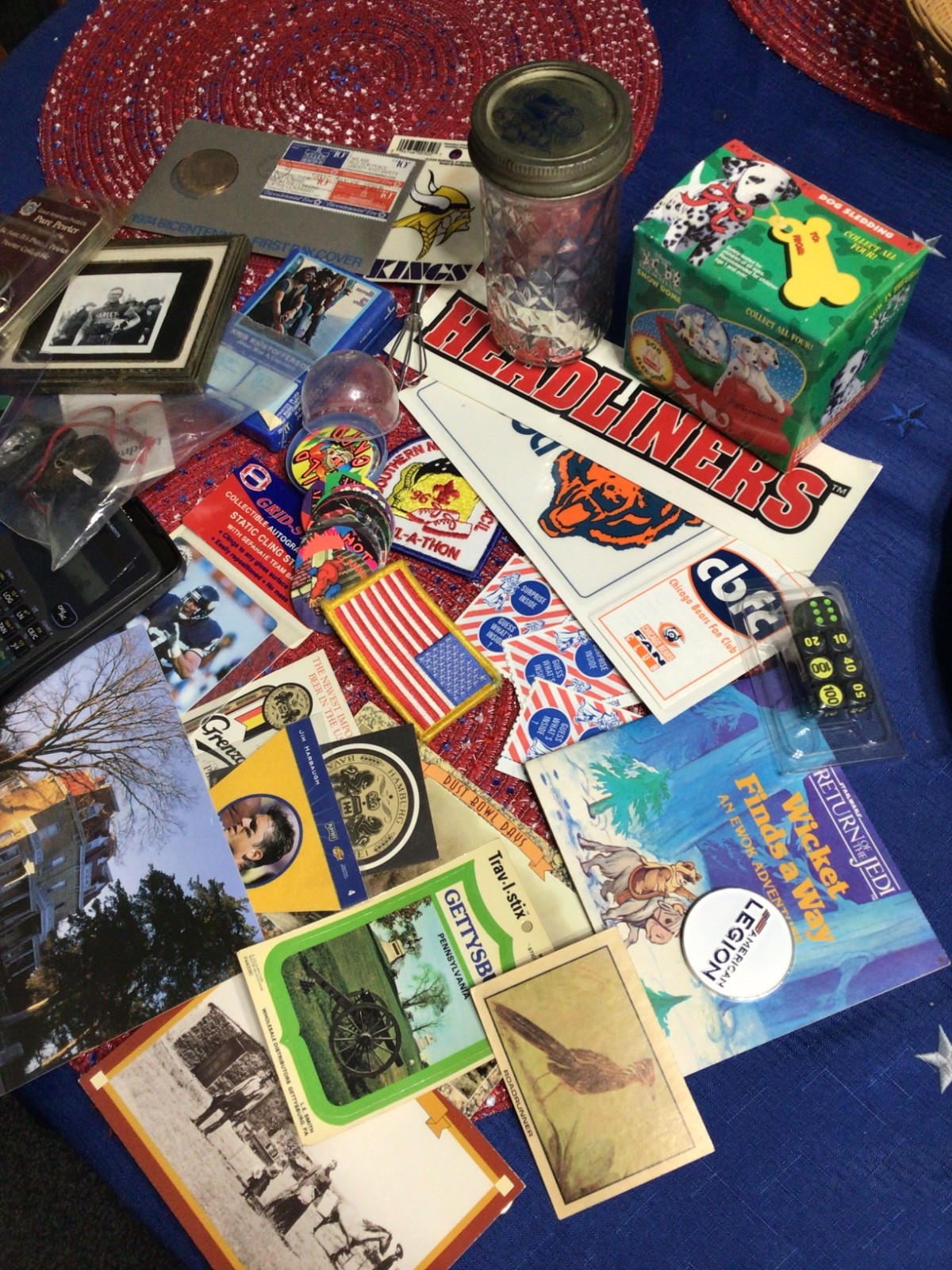 Junk Drawer, Rookie Griffey, Snowglobe, Calculator, Compass , Dice, Decals, book
