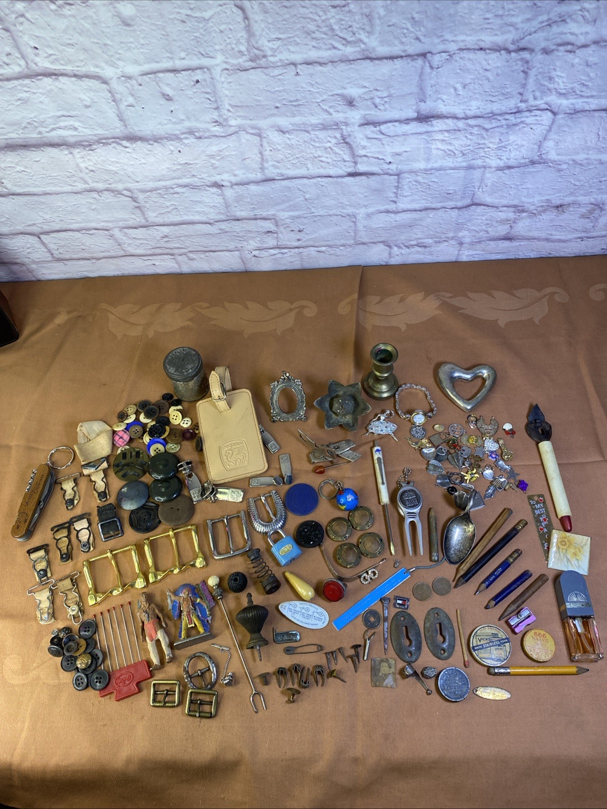 Vintage Junk Drawer Lot Buckles Buttons Pencils Lead Indian Figures