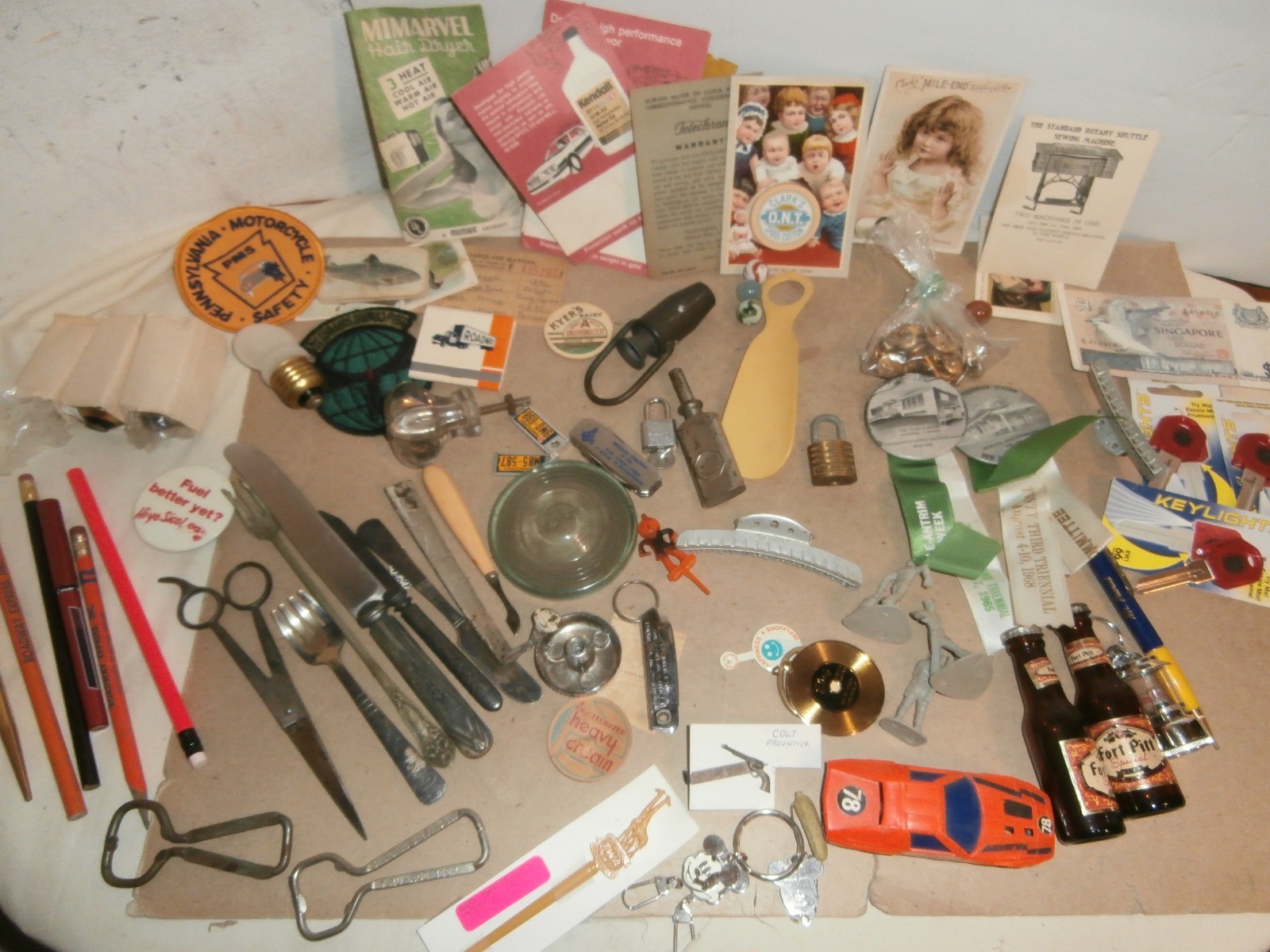Vintage Junk Drawer Lot Beer Soda Advertising Pins Cards Keys Military Buttons