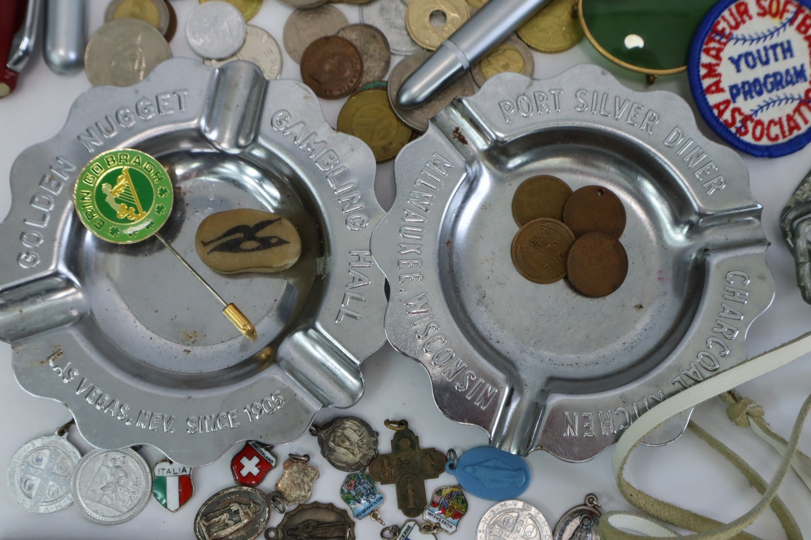 Vintage Junk Drawer Lot Estate Smalls Coins Lighters Knives Pens Ephemera Mixed