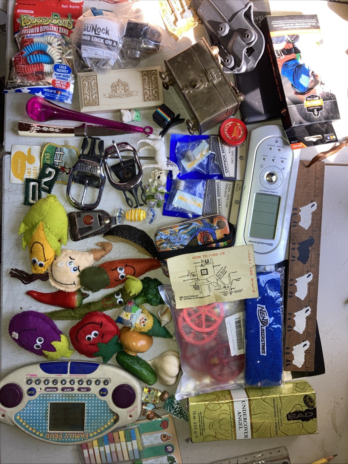 Junk Drawer Mixed Lot Vintage Magnets Perfume Harley Gun Locks Holster No Pewter