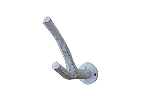 Handcrafted Nautical Decor Whitewashed Cast Iron Tree Branch Wall Hooks 5in