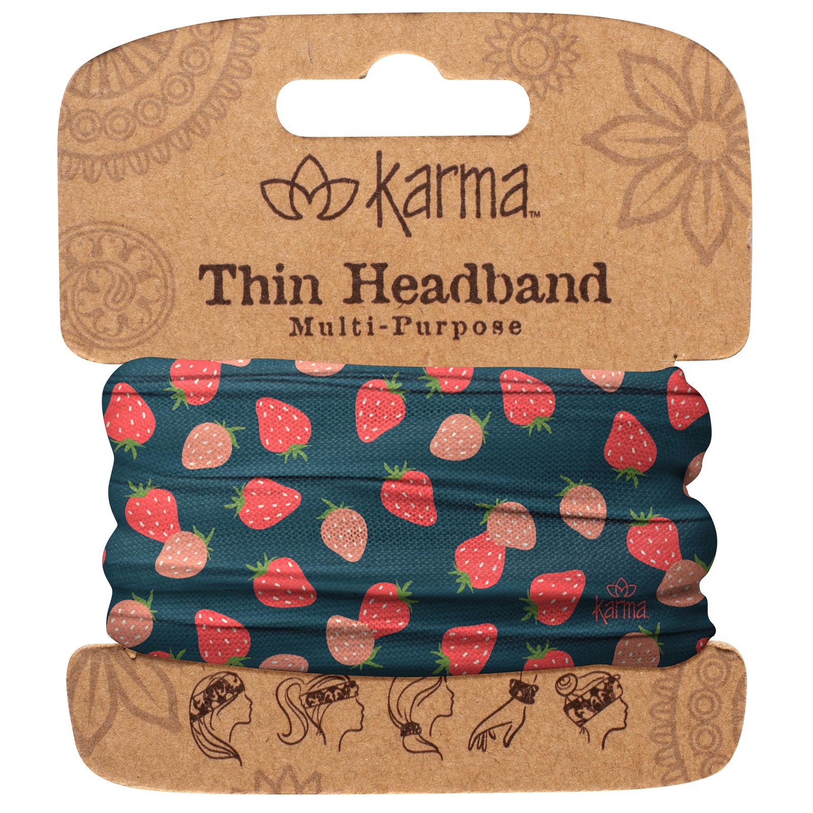 Karma Strawberries Thin Headband for Women Fabric Hairband with Stretch Scarf