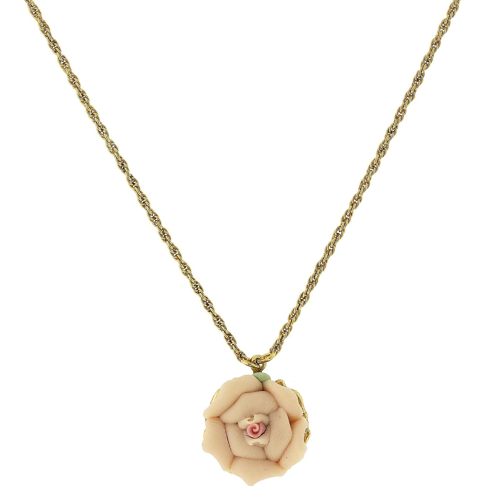 1928 Jewelry Peach Rose Porcelain Pendant Necklace, 16″+3″ Extender