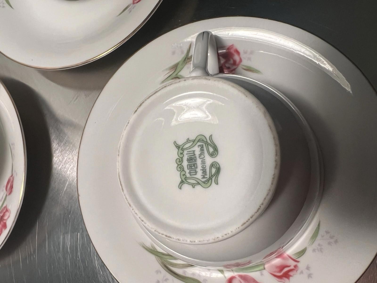 Vintage Bone China Teacups & Saucers Set/8 Pink Roses Tulips Gold Trim Chinese