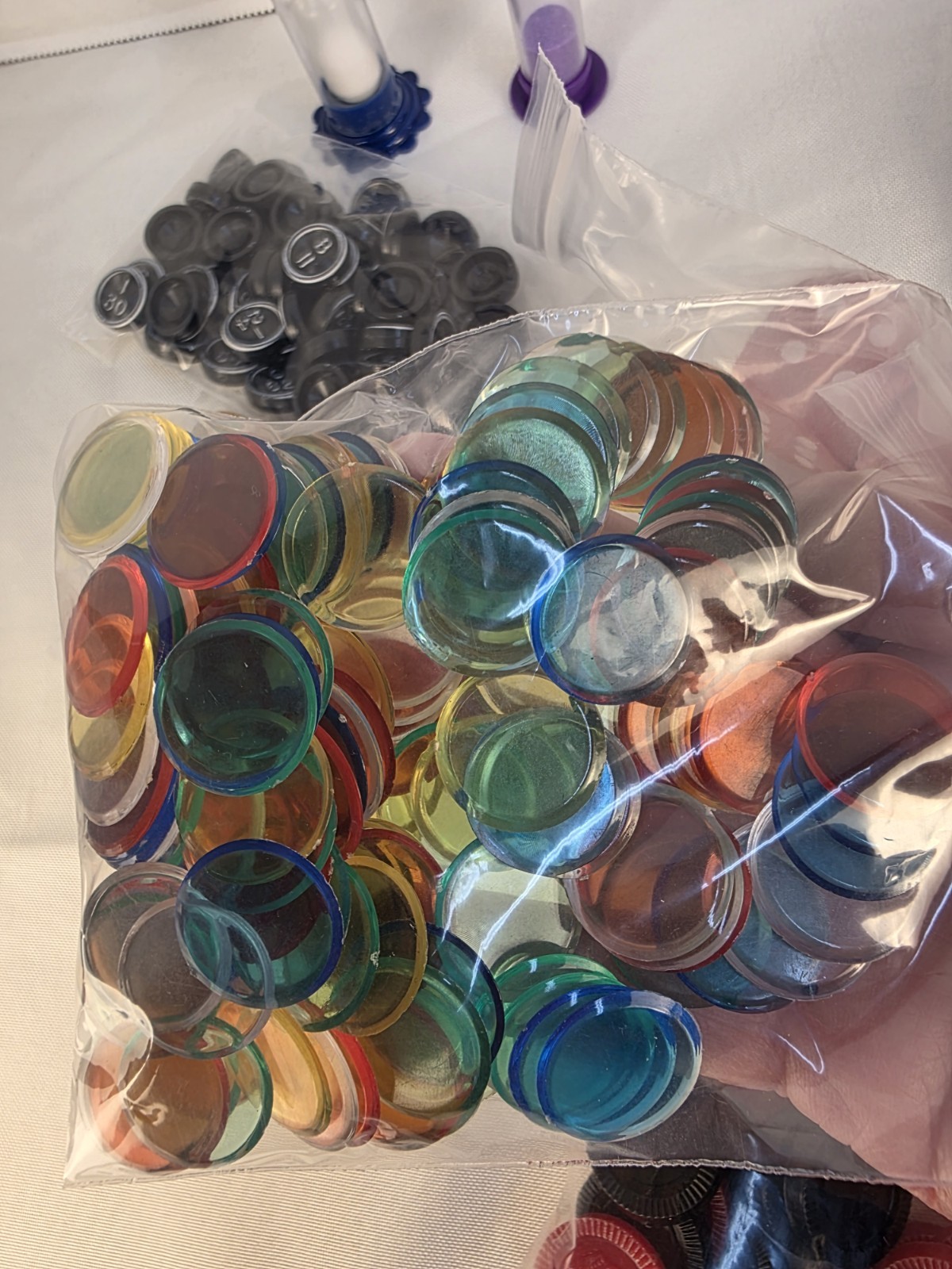 Junk Drawer Lot- Small Game Pieces Lot-Checkers, Dice, Bingo & Poker Chips,Timer
