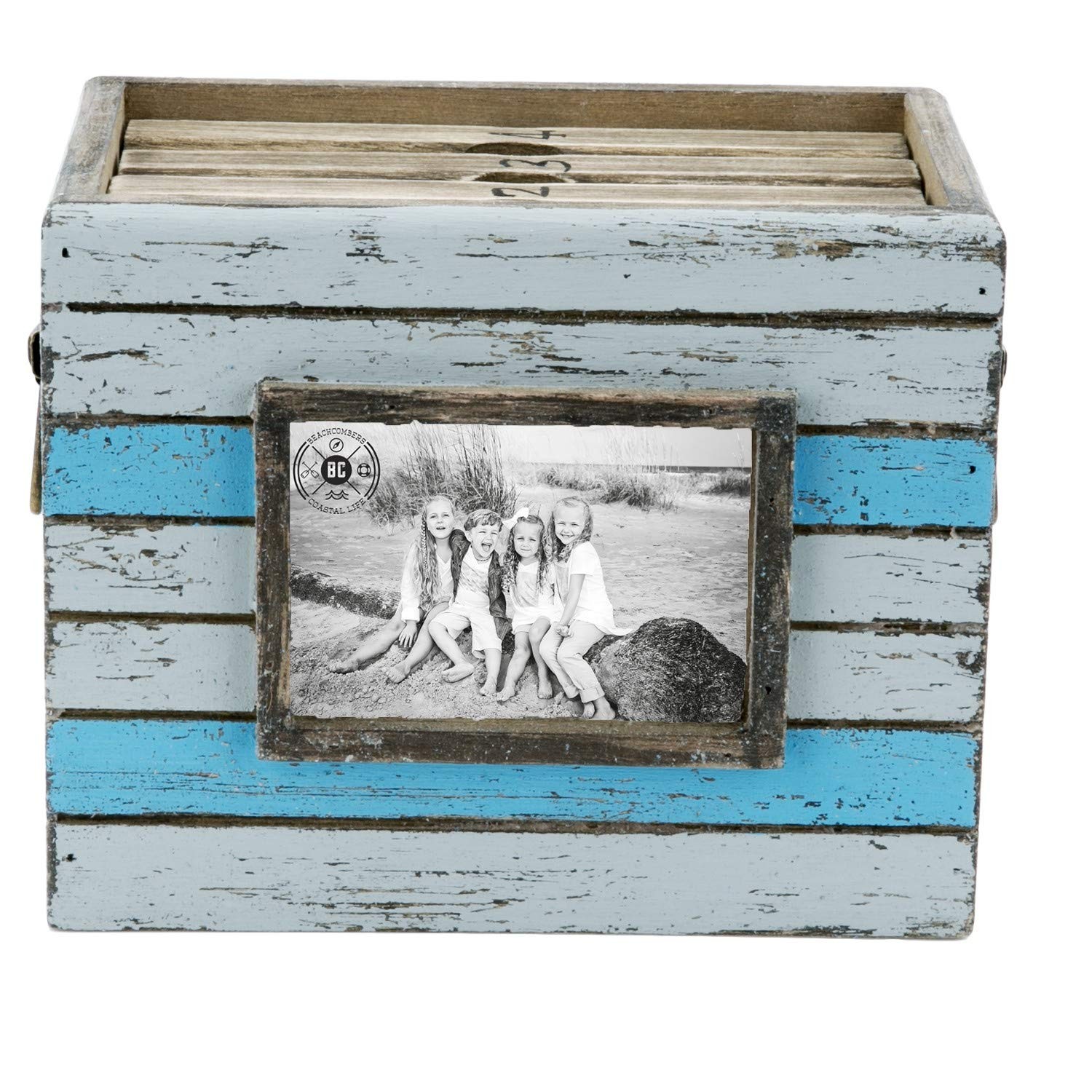 Wood Teal White Photo Box Frame Organizer Nautical Beach Decor