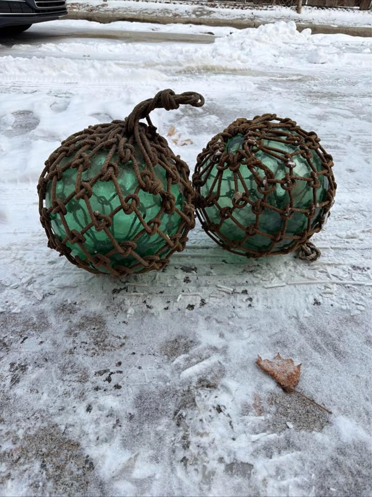 Vintage Green Glass Fishing Floats w Rope Net Nautical Decor Set of 2