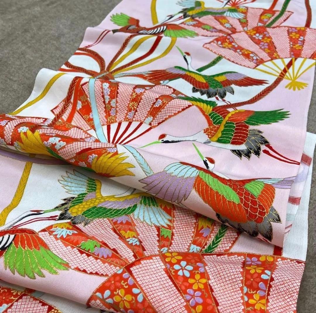 Rare Showa retro old cloth, Yuzen fabric, Noshi, Crane, Fan, Shibori pattern,