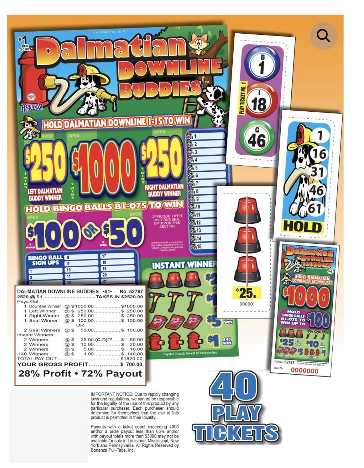 Pull Tab Ticket – Hard Card – Game – Dalmatian Downline Buddies – 2,520 ct