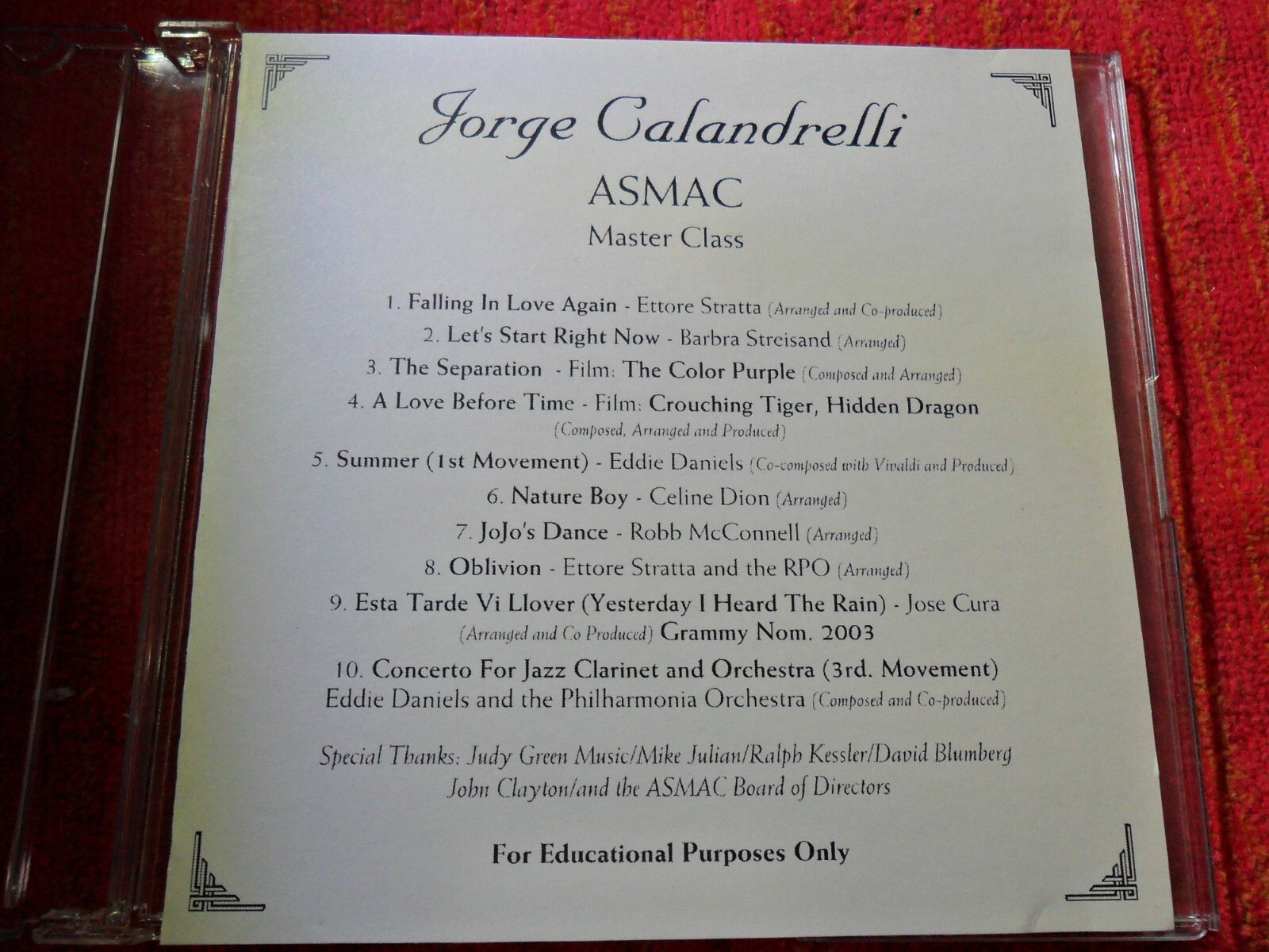 JORGE CALANDRELLI ASMAC MASTER CLASS 2001 PROMO CD CELINE DION STREISAND “RARE”