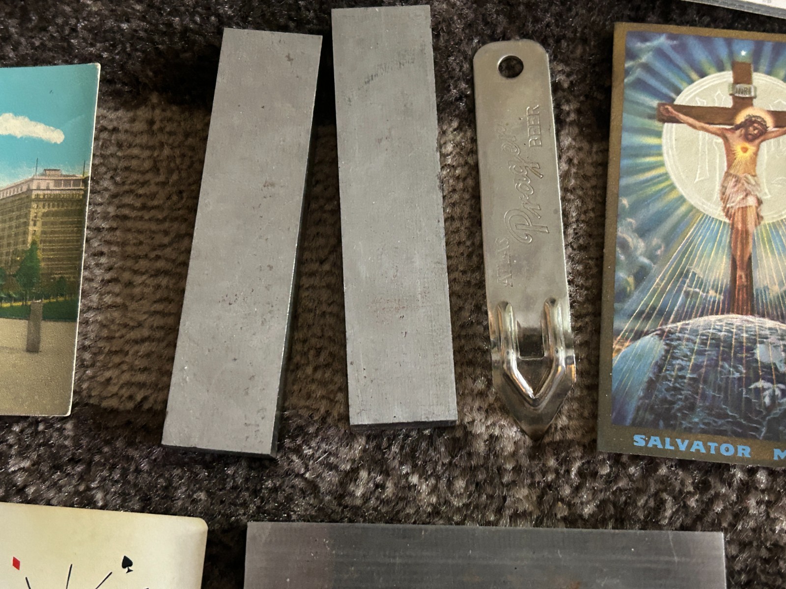 Gramps vintage Junk Drawer Lot Religious JFK Button Owl Humidity Flatware Paper