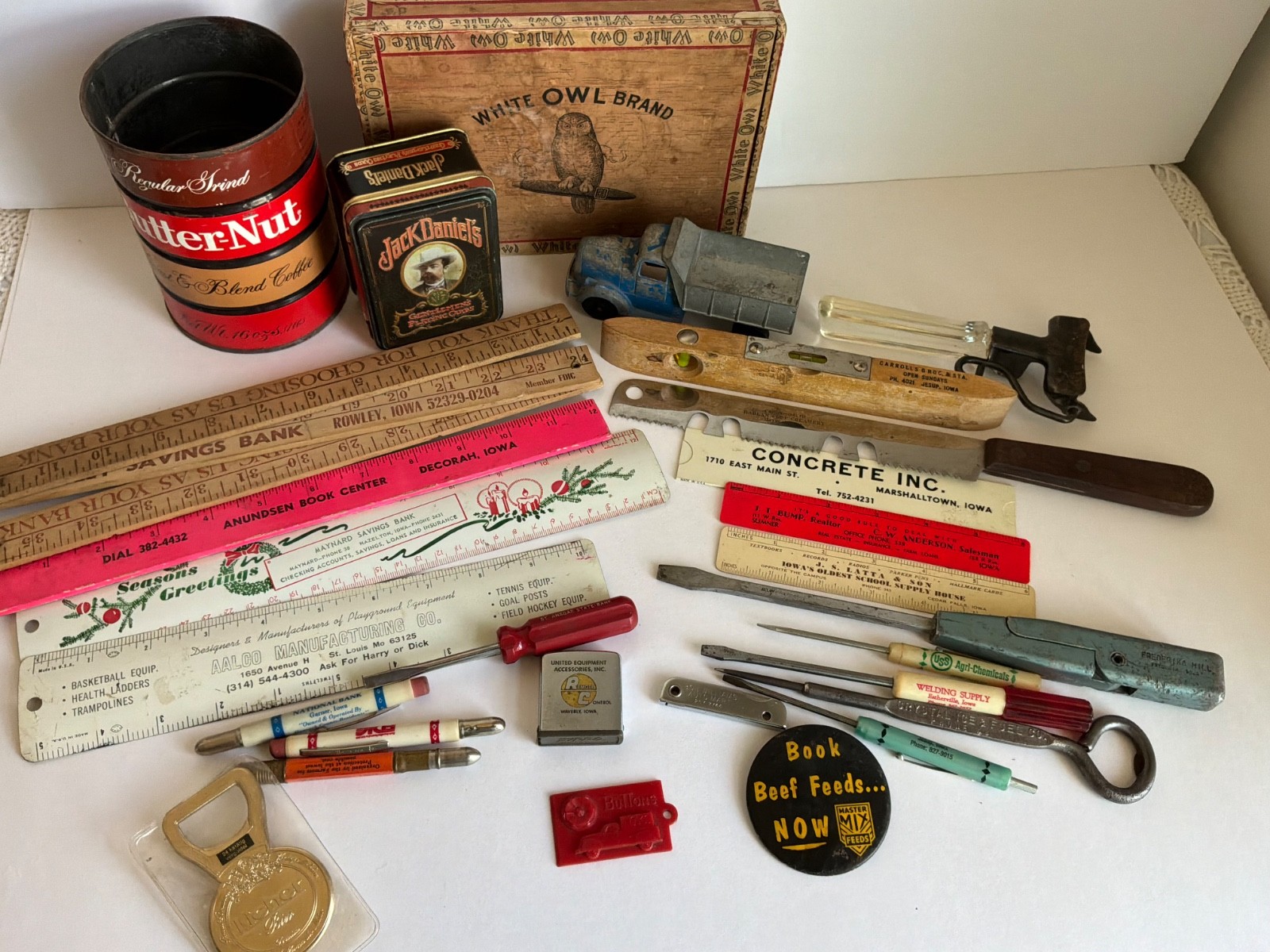 Vintage 25 Piece Assorted Garage Junk Drawer Lot Advertising Ruler Cards Beer