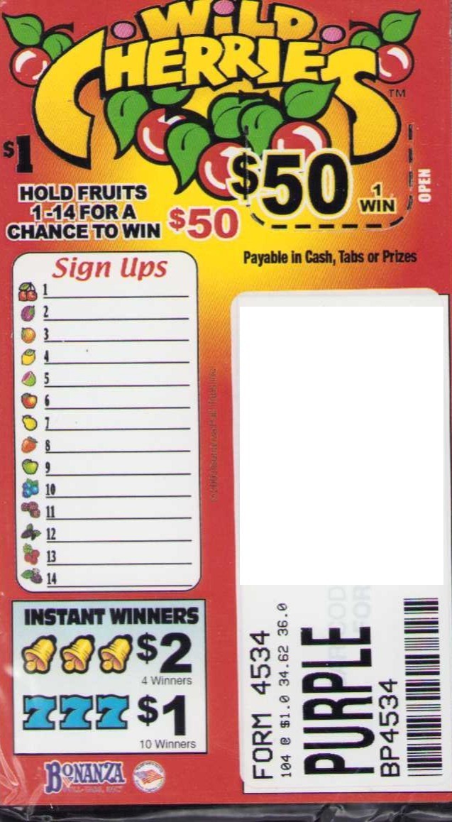 Pull Tab Ticket – Hard Card Tickets – Game – 6 Pack – Wild Cherries – 104 ct ea
