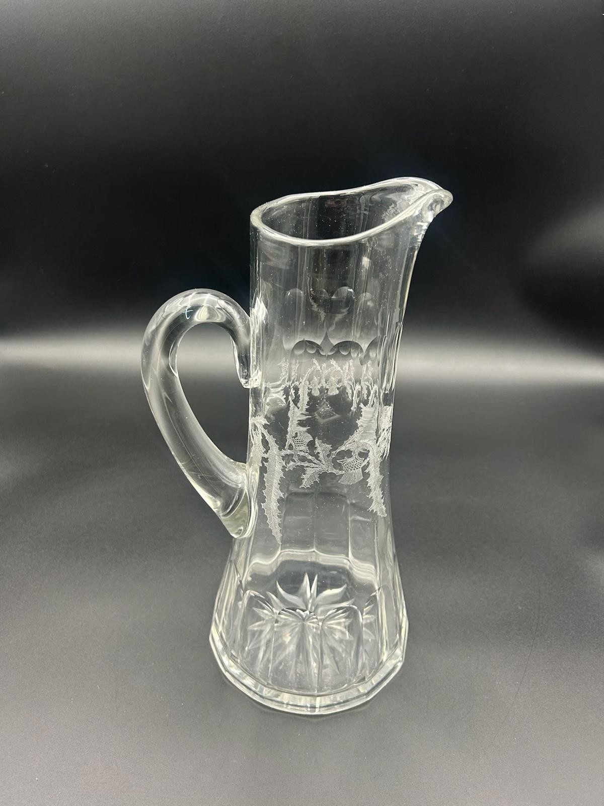 American Brilliant Cut Glass Pitcher Hand-Cut Lead Crystal with Etched Floral