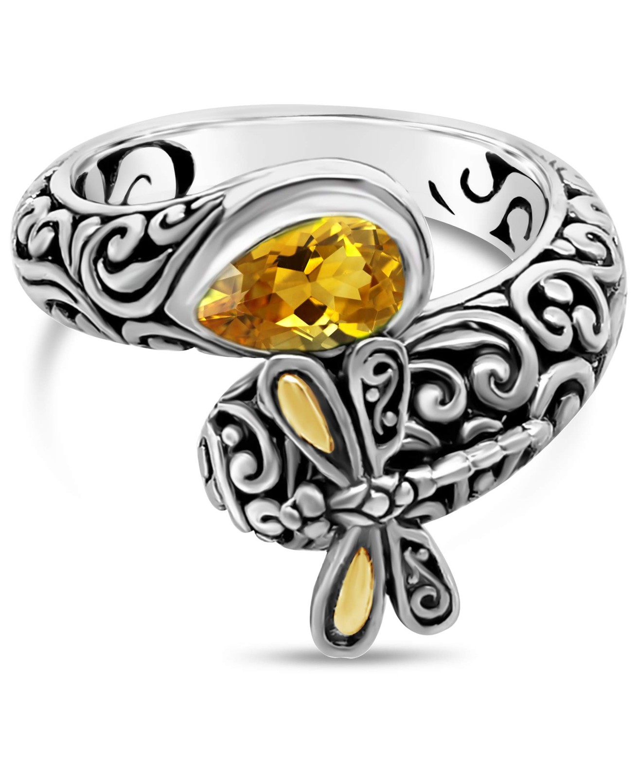 Sterling Silver 925 18K Gold Citrine Dragonfly Bali Ring SFM8537CT Size 9
