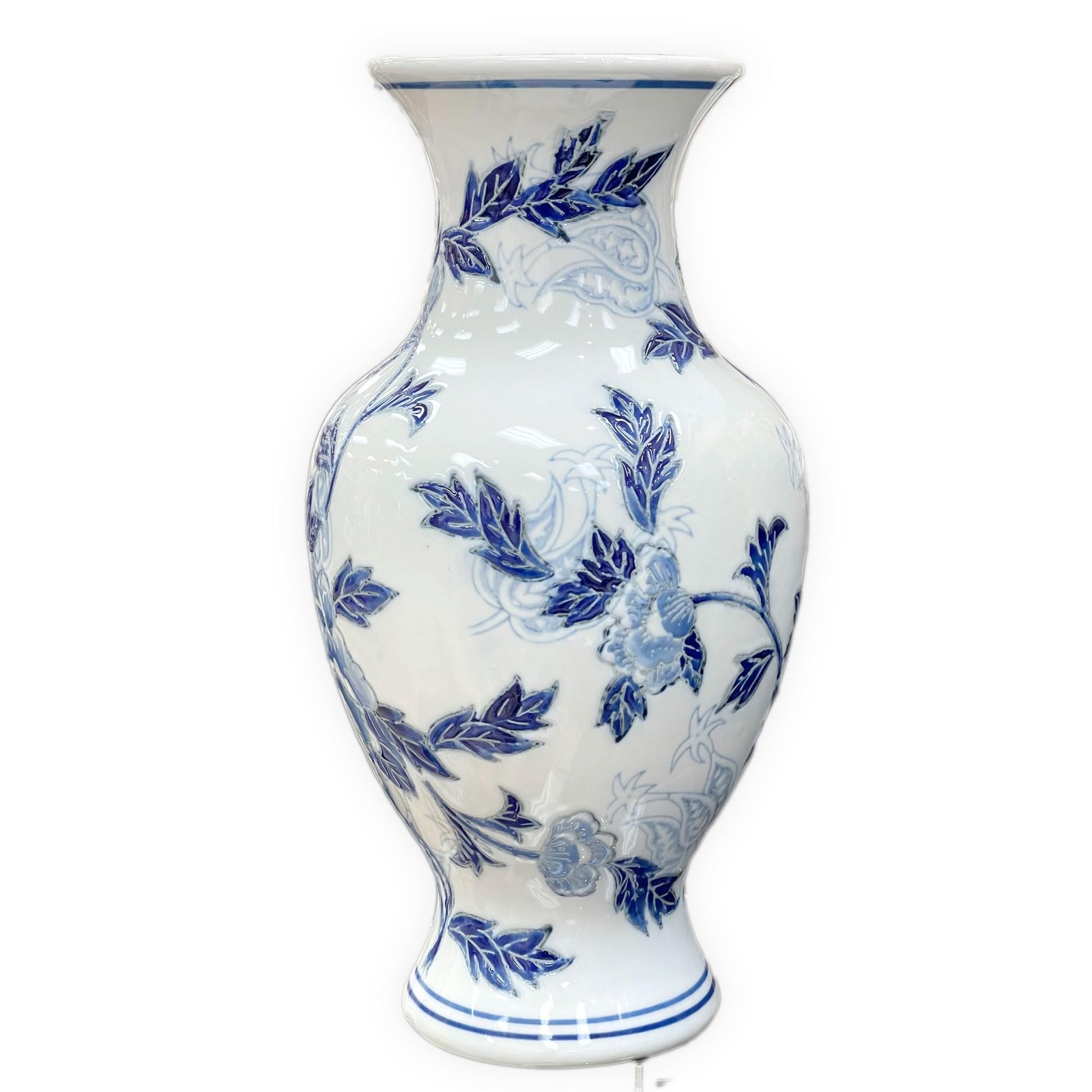 Galt International Blue White Chinoiserie Ceramic Vase 14 Inch Hand Painted