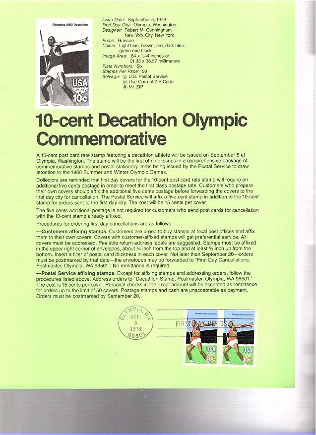 10 CENT DECATHLON OLYMPIC–1979 First Day Issue Stamps & Info Page–FREE SHIP