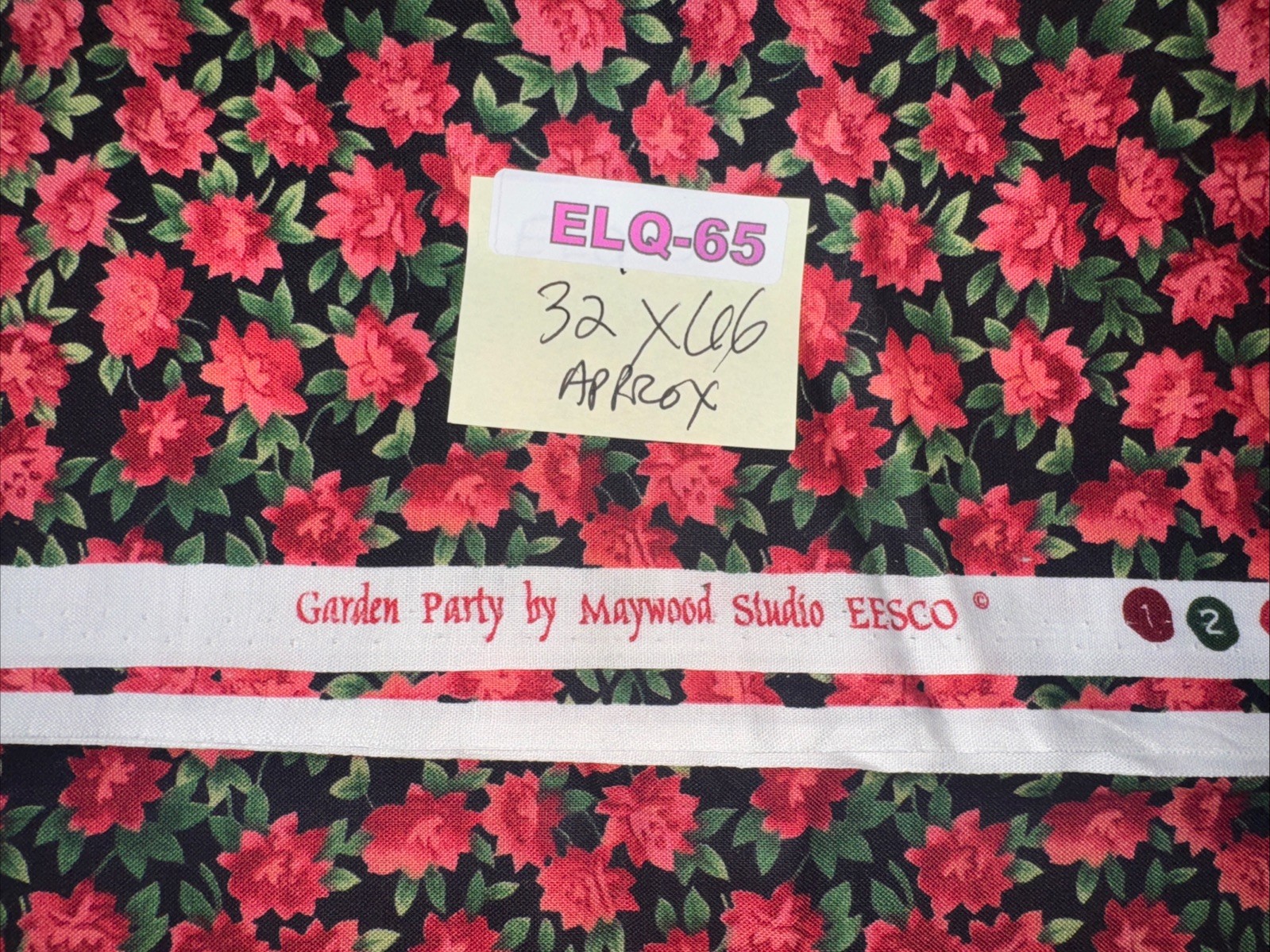 VINTAGE QUILTING FABRIC: 32×66” Red Flowers Garden Party Maywood Studio ELQ-65