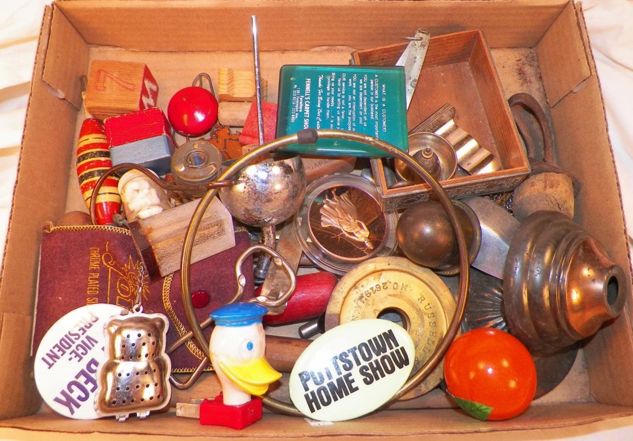Junk Drawer Lot Metal Wood Pieces Blocks Scoop Donald Duck Wide Variety Vintage