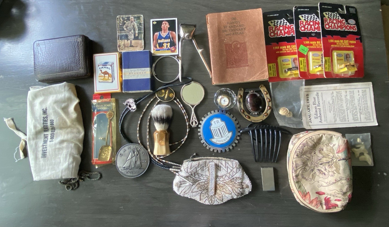 Vintage Estate JUNK DRAWER Lot Camel Playing Cards Bolo Ties Buckle Dictionary
