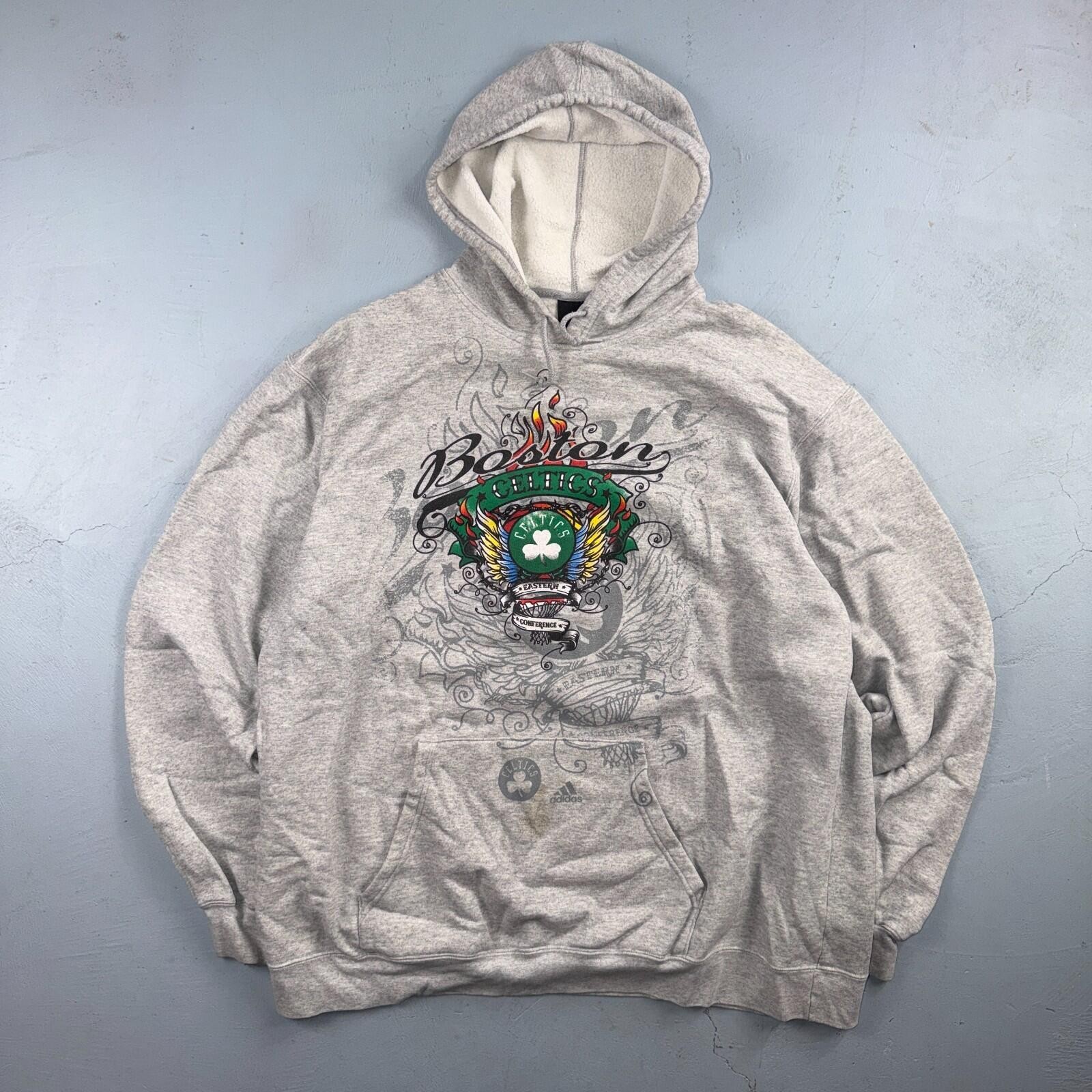 Boston Celtics Hoodie Sweatshirt 2XL Gray VTG Basketball Pullover Adidas Tattoo