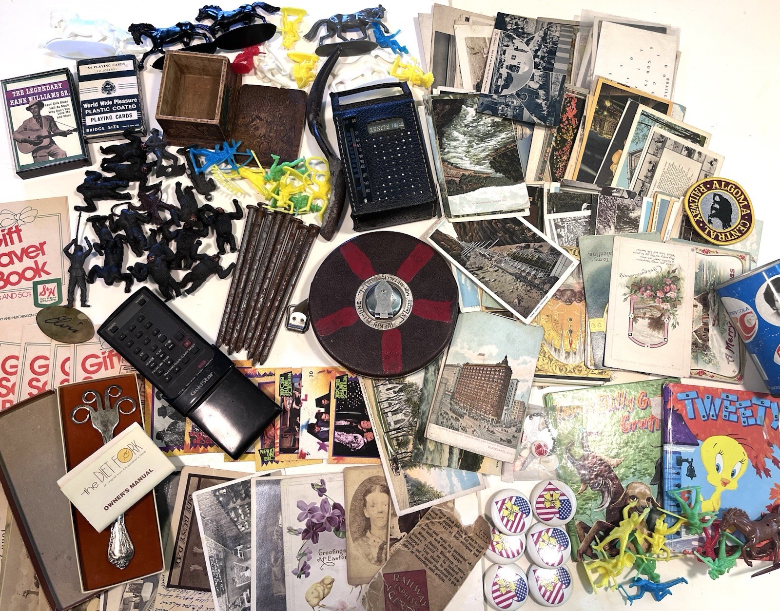 VTG Junk Drawer Lot Ephemera Postcards Man Cave Pins Tape Toys Can Gorillas