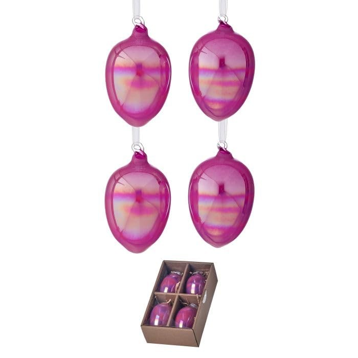 Regency International Iridescent Glass Egg Ornament Box of 4, 4-inch, Hot Pink