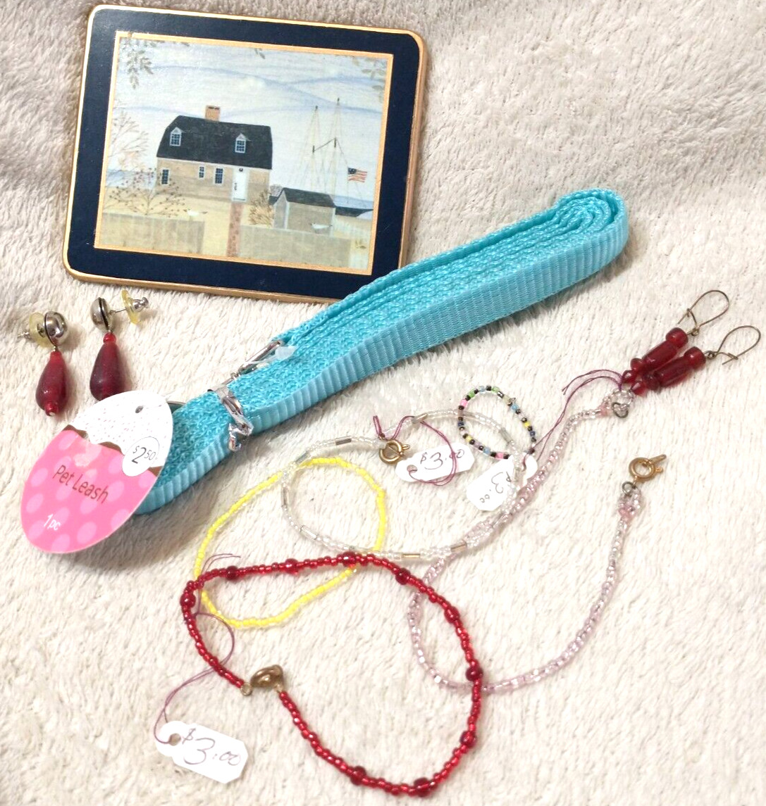Junk drawer lot new blue small pet leash, bracelets, earrings Kedron Designs A59