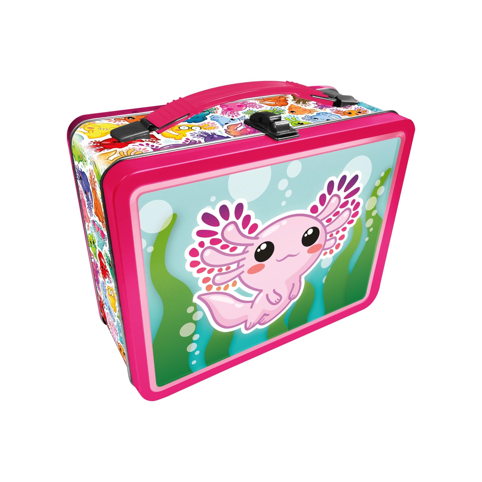 AQUARIUS Axolotl Fun Box Sturdy Tin Storage Box Plastic Handle Embossed Front