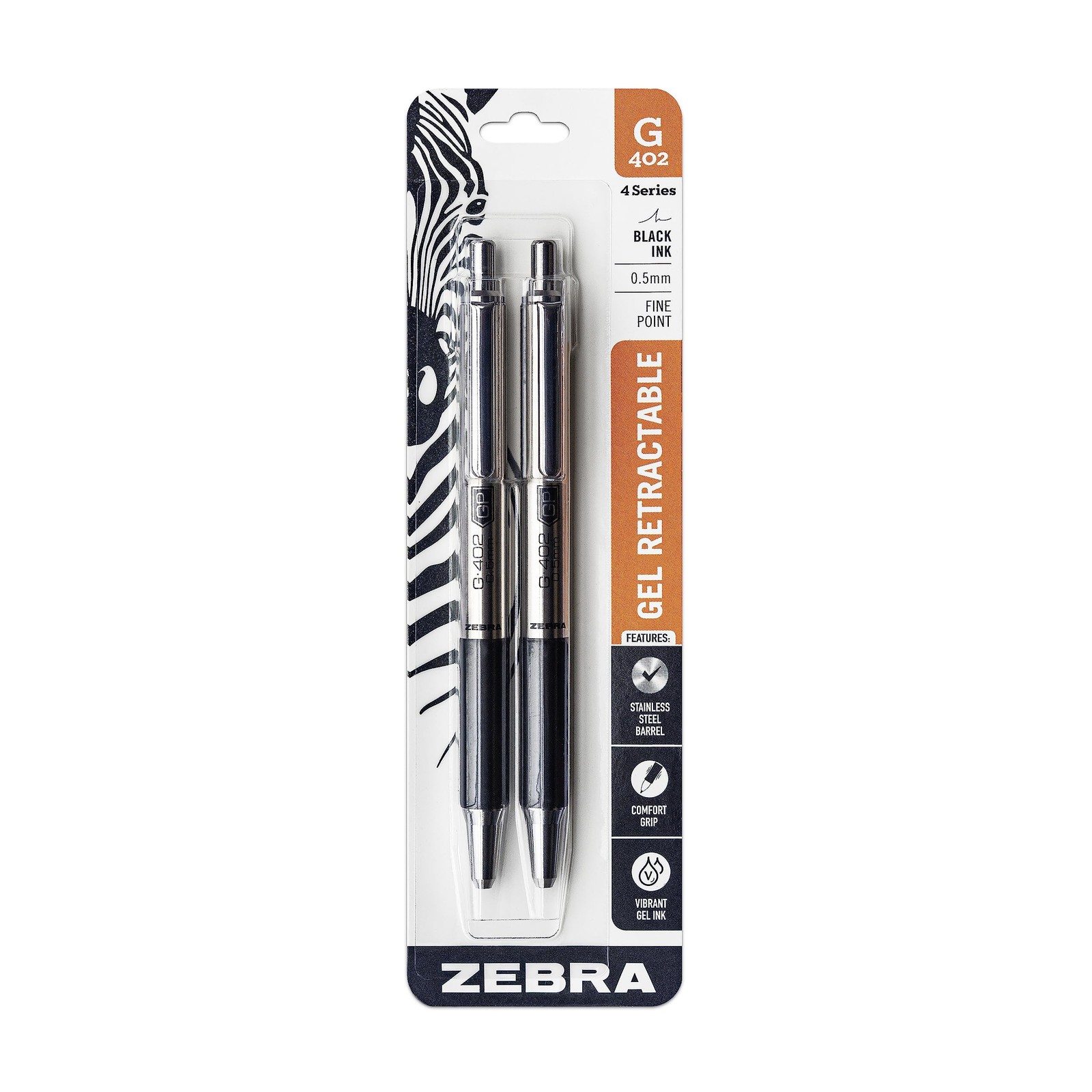 Zebra G-402 Gel Pens 0.5mm Black 2-Pack Stainless Steel Barrel Retractable