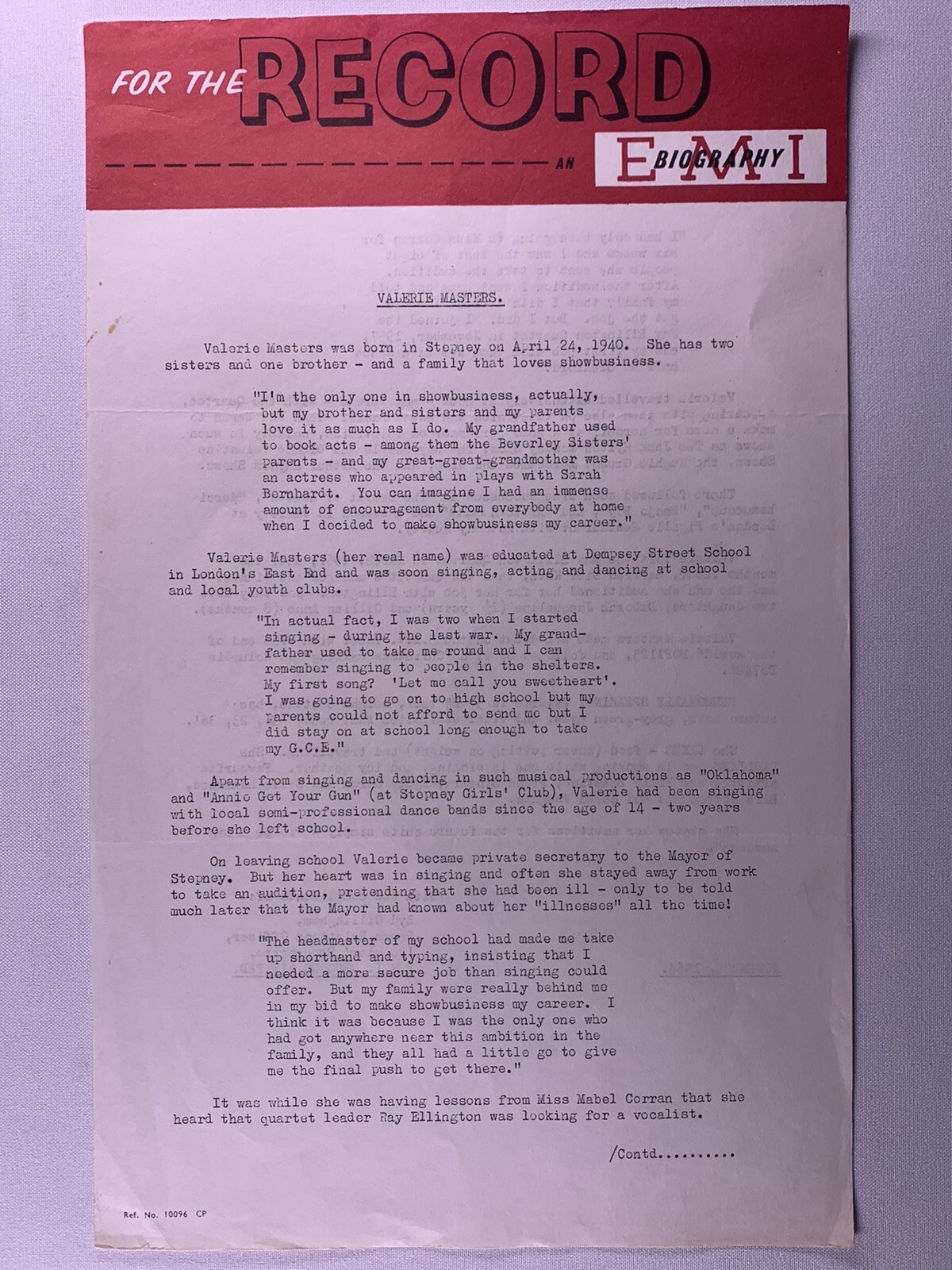 Valerie Masters Press Release Biography Original EMI Promotional Circa 1964