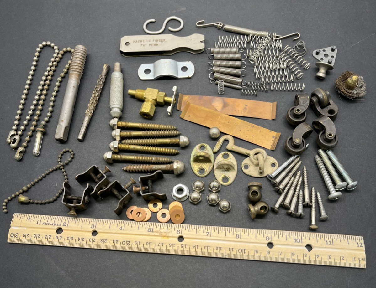 Vintage Antique Junk Drawer Lot castors, Brass screws, Springs, Rasp,valve latch