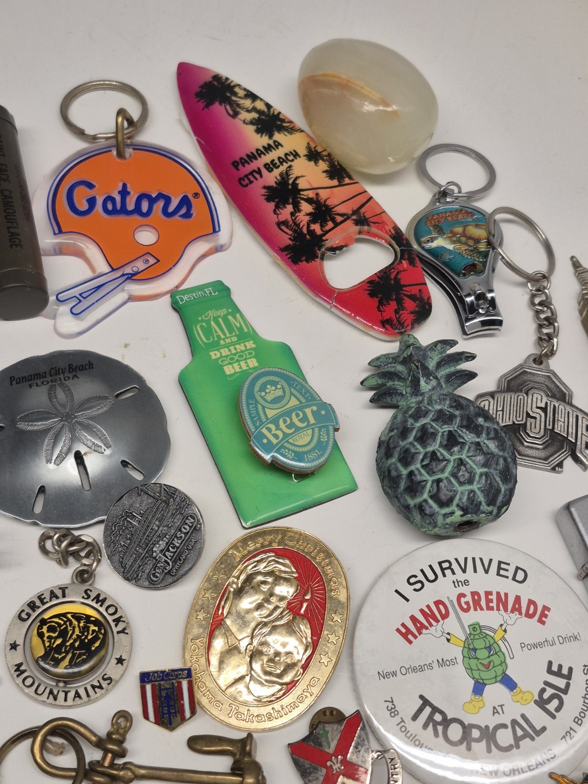 Mans Junk Drawer Trinket Lot Pins Patches Keychains Military