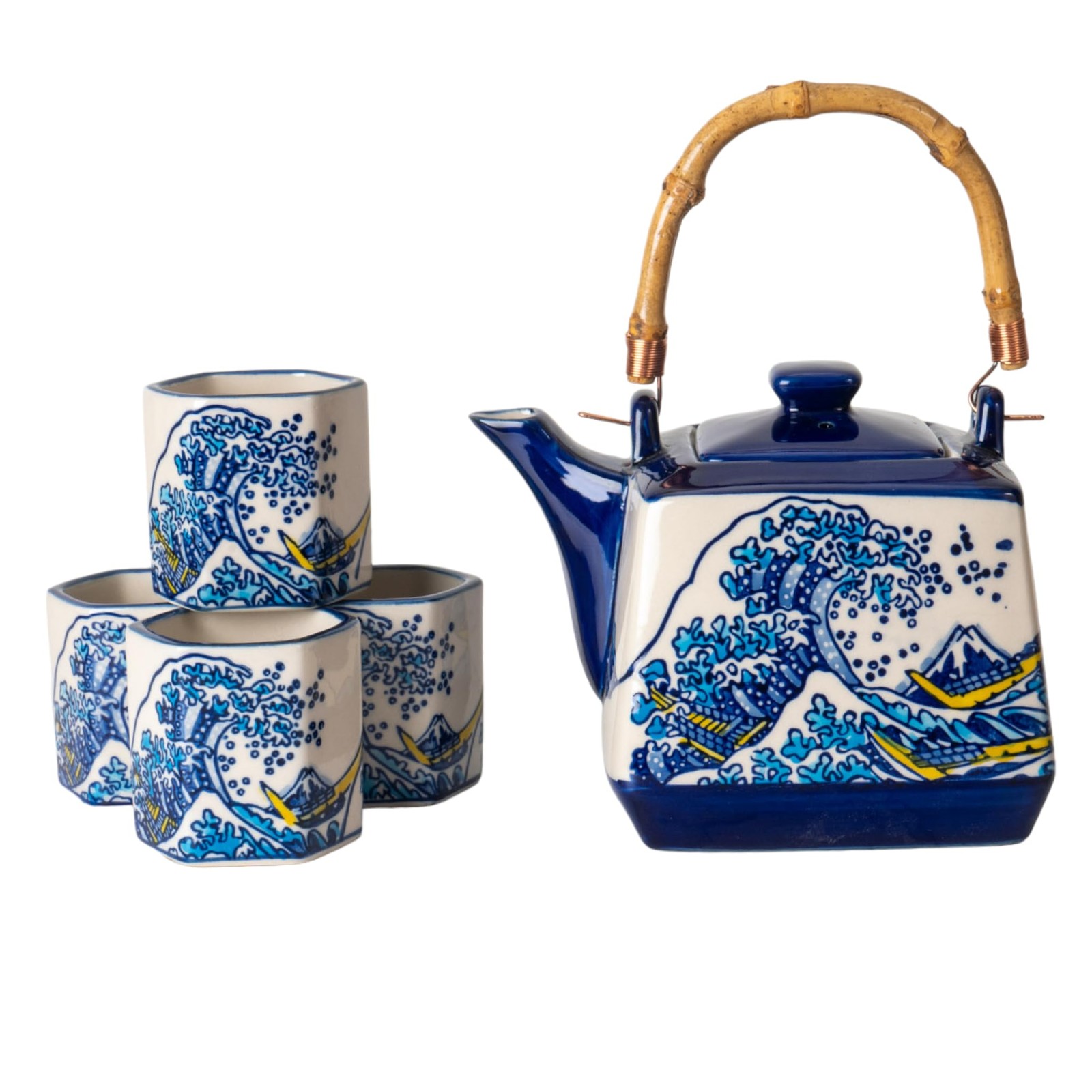 Japanese Porcelain Tea Set – Square Teapot with Strainer & 4 Hexagon Cups