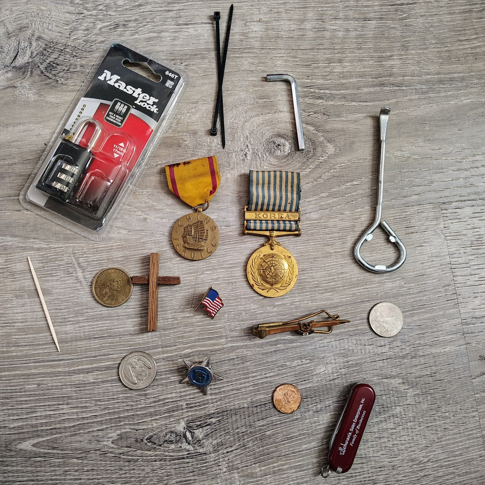 Junk Drawer Lot 2 Random Assortment Padlock Medals Tools Coins Pins Cross Flag