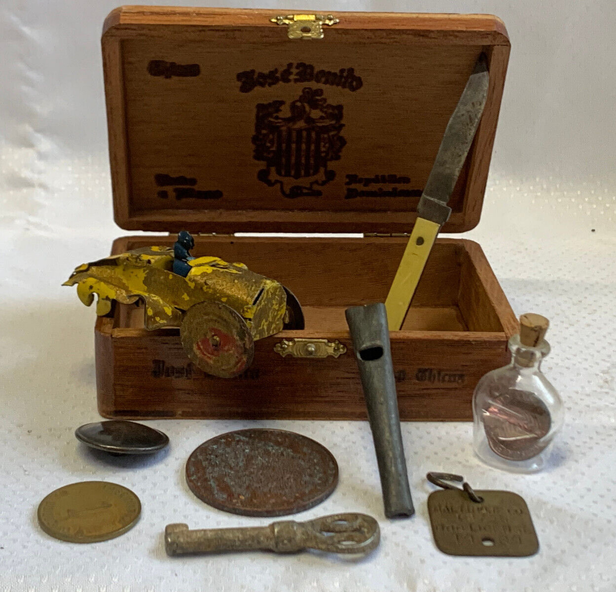 VTG Trinket Lot Advertising Jose Benito Box Tin Car Knife Key Dog Tag Whistle