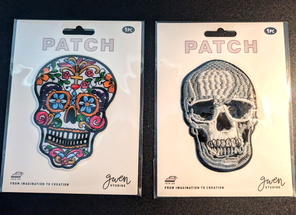 NEW LOT 2 iron-on fabric embroidered patches SUGAR SKULL GRAY SKULL