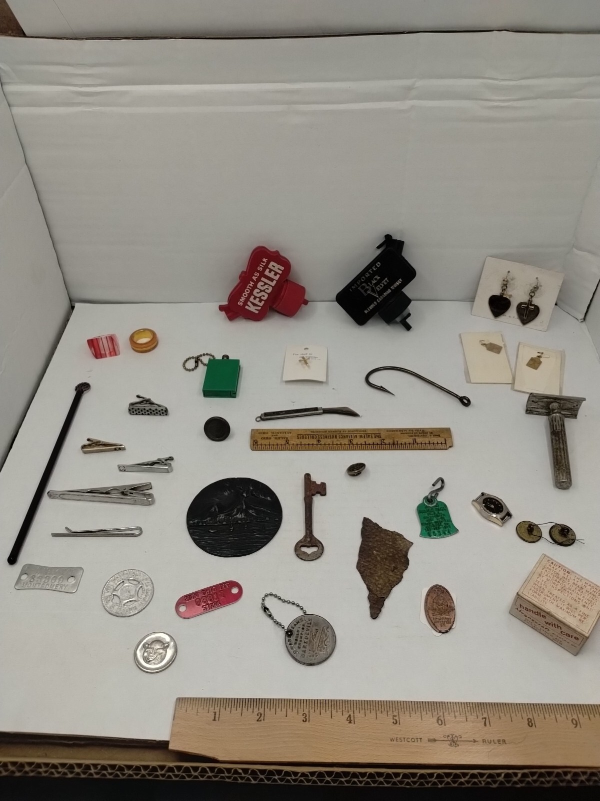 Vintage Junk Drawer Lot Advertising Rings Tokens Key Dog License Tie Clip #11