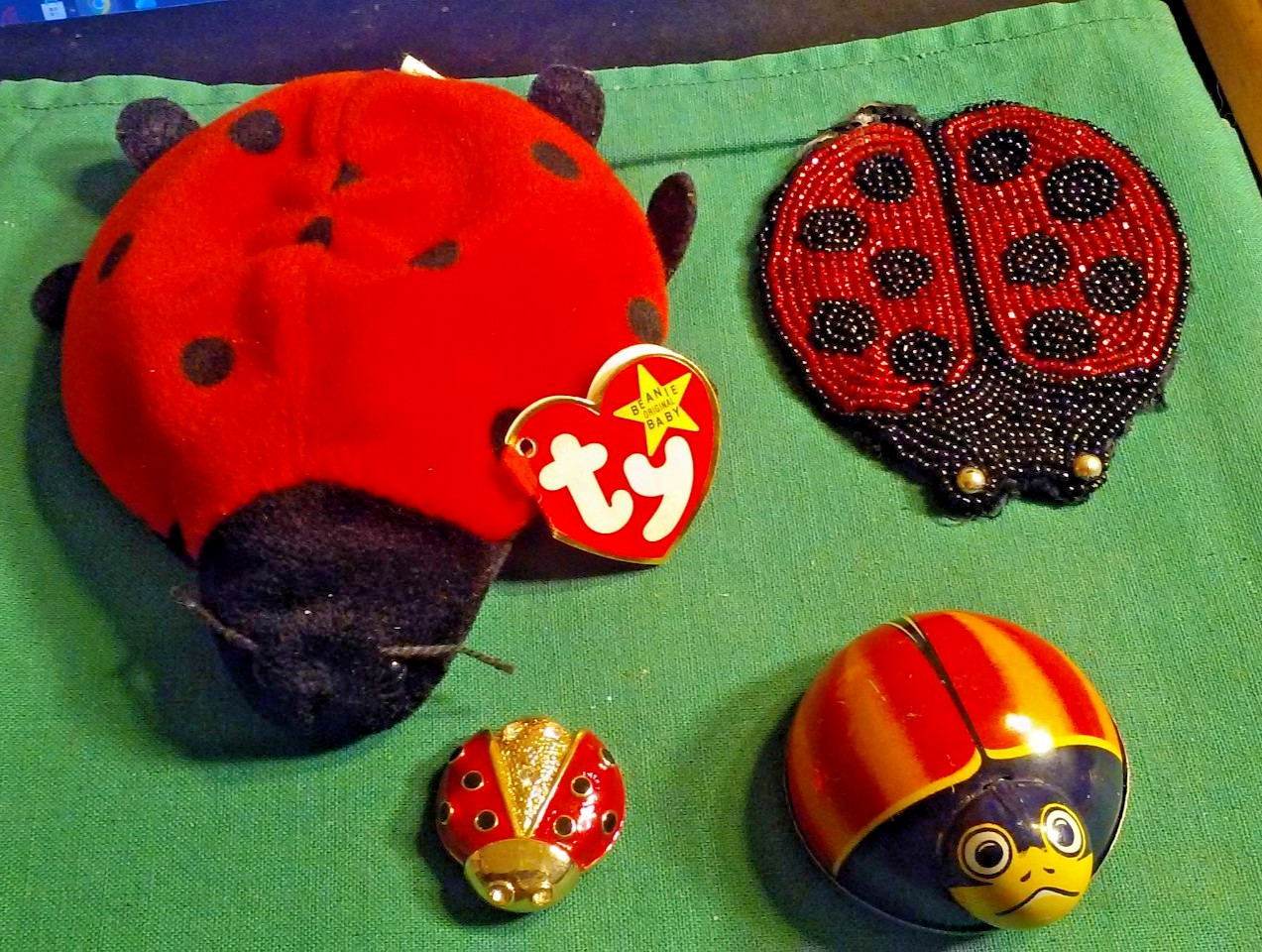 Lot 4 Vintage LADYBUG Lady Bug Theme Items Pin Patch Old Toy & TY Beanie Baby