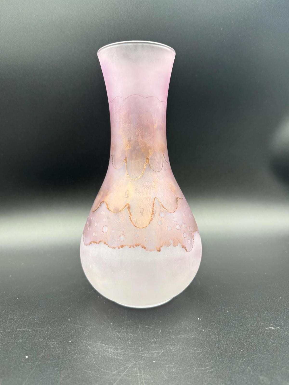 Hand Painted Ruevan Art Glass Vase – Frosted Satin with Purple Swirl, 9.5”