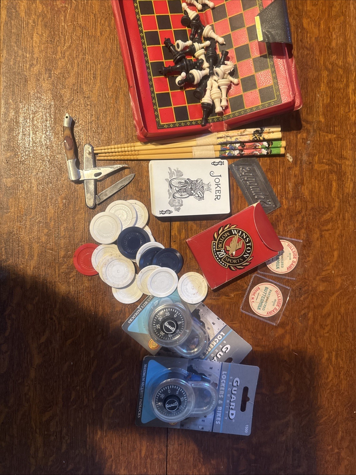 Vintage Junk Drawer Poker Chess Knives Rare Milk Caps Advertising Lot