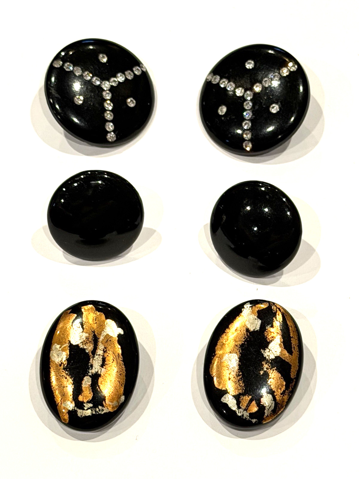 BLACK LACQUER GOLD LEAF FOIL SILVER COPPER RHINESTONE CLIP ON EARRINGS MCM LOT 3