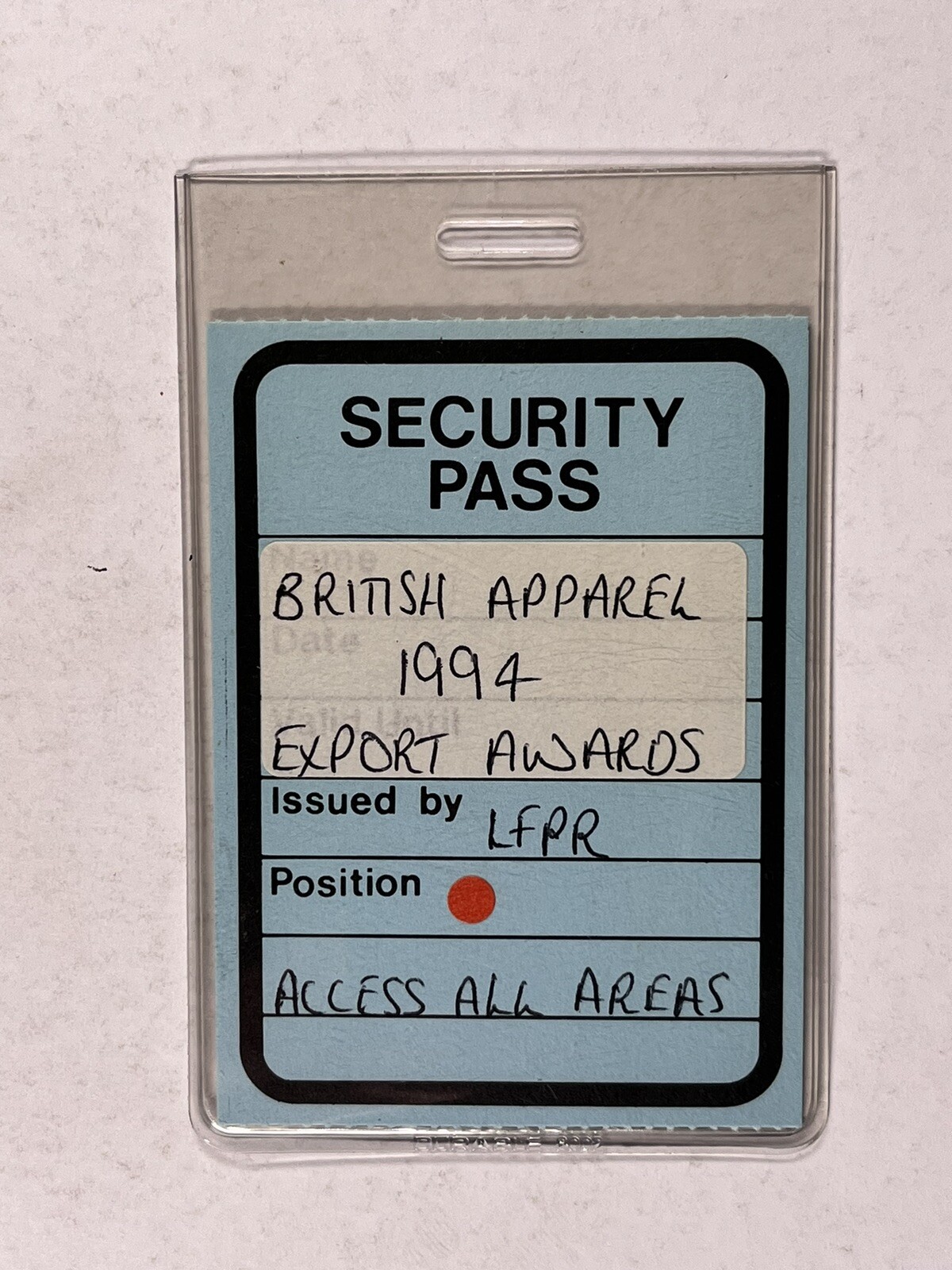 British Apparel Security Pass Export Awards Original Jerry Judge Security 1994