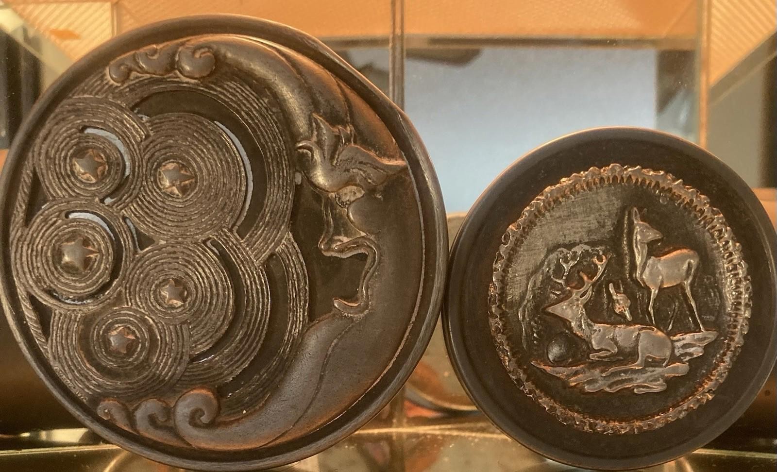 Vintage 2 Metzger Pewter Boxes Celestial Moon/Stars & other Deers w/Patina