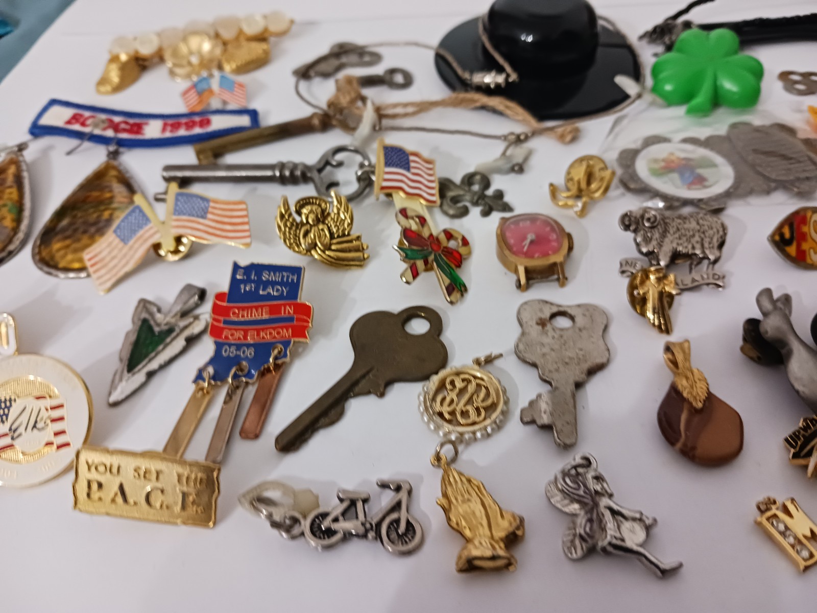 Junk Drawer Lot Skeleton Keys Earrings Pins Necklace Pendants Parts Animals Flag